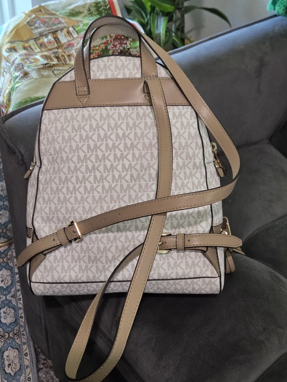 Michael Kors Rhea Zip Medium Backpack — Vanilla/Acorn MK Logo